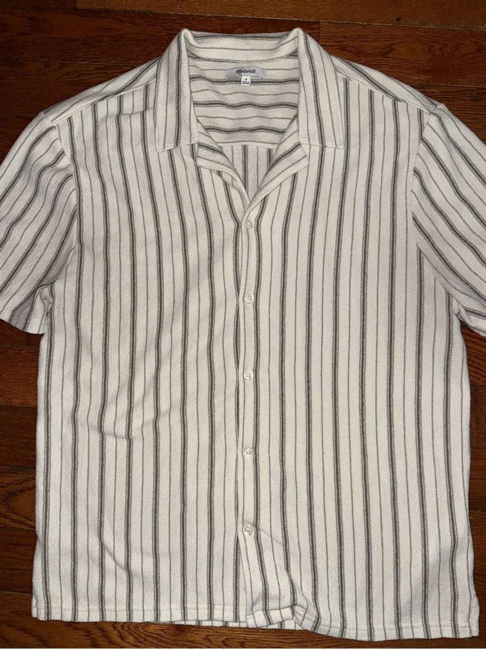 Madewell White Short-Sleeve Button-Down Shirt with Gray Stripes